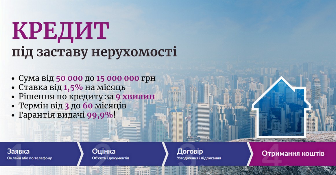 Кредит під заставу нерухомості від 1,5% за місяць Київ. 