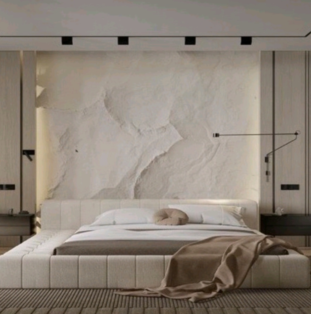 Имитация скалы на стене в интерьере спальни 